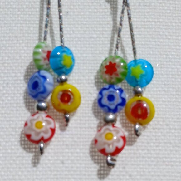 Sterling Silver Millefiori Dangle Drop Earrings Multicolour - Picture 4 of 4